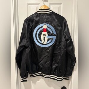 Vintage 1980s Black Satin Bowling Jacket with Embroidered Logo XL